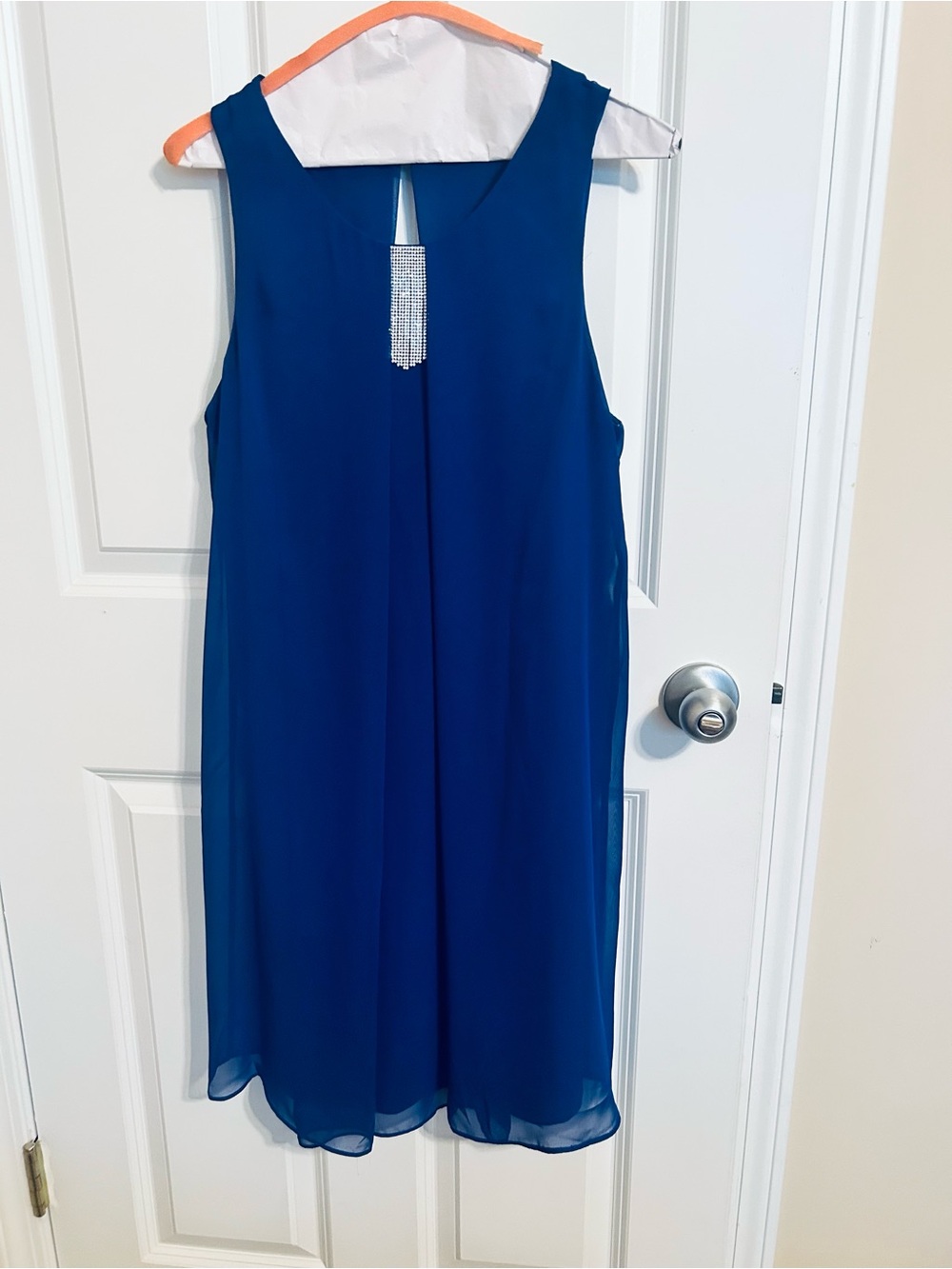 Sleeveless Royal Blue Chiffon Party Dress with Rhinestone Detail